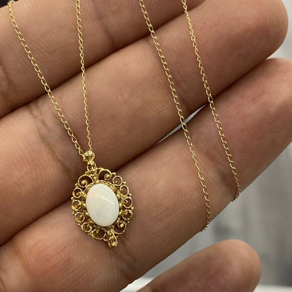 14K Yellow Gold Authentic Necklace Nice White Stone Opal Pearl 15" Cable Link - Picture 7 of 7